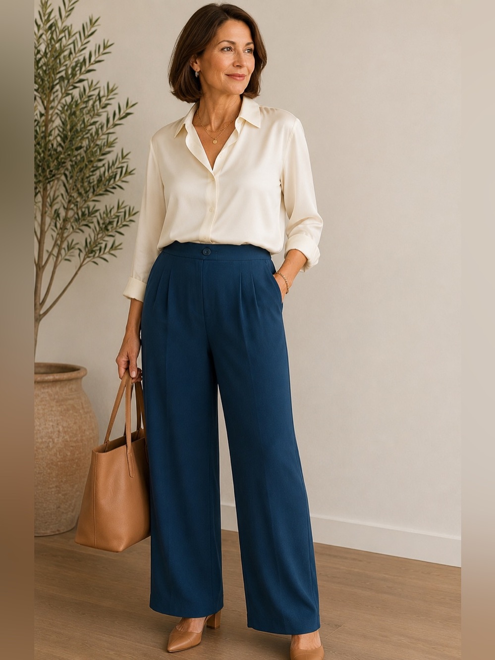 100% Silk Teal Blue Wide Leg Pants Size 14 Quiet Luxury Vintage